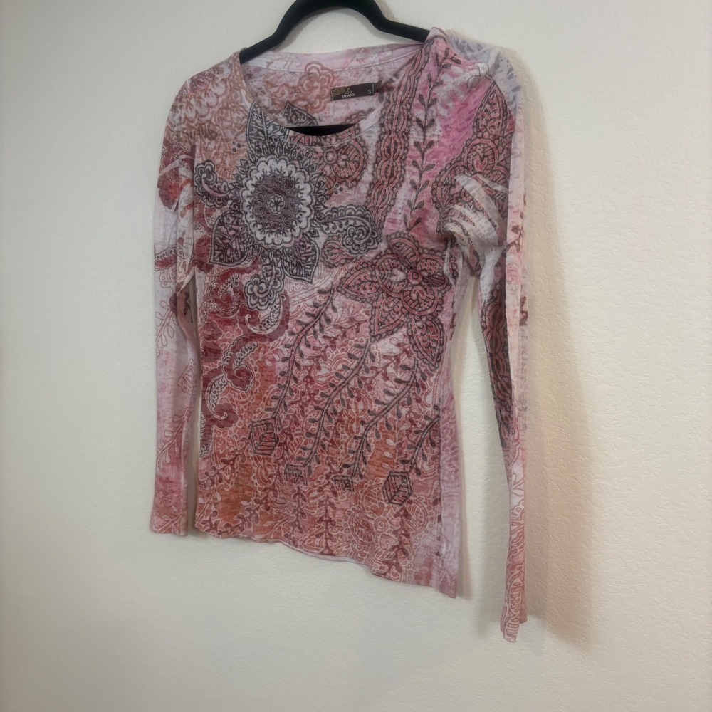 Prana Top Women S Pink Vtg 90s Y2K Paisley Long Sleeve Burnout Tee Boho Granola - Picture 2 of 4